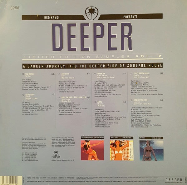 Image of Back Cover of 4715006C: 2xLP - VARIOUS, Hed Kandi Presents Deeper Limited Edition Sampler Vol. 2 (Hed Kandi; HEDKLP017, UK 2001, Picture Sleeve) Light marks and scuffs on disc. Sleeve has mild wear to edges and corners, light creasing in top right corner and small tears at openings. No.0275  G+/G+