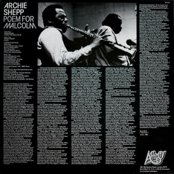 Image of Back Cover of 2324128E: LP - ARCHIE SHEPP, Poem For Malcolm (Affinity; AFF 78, UK 1982)   VG+/VG+