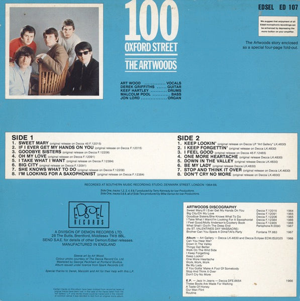 Image of Back Cover of 2314325C: LP - THE ARTWOODS, 100 Oxford Street (Edsel Records; ED 107, UK Reissue, No Booklet)   VG+/VG+