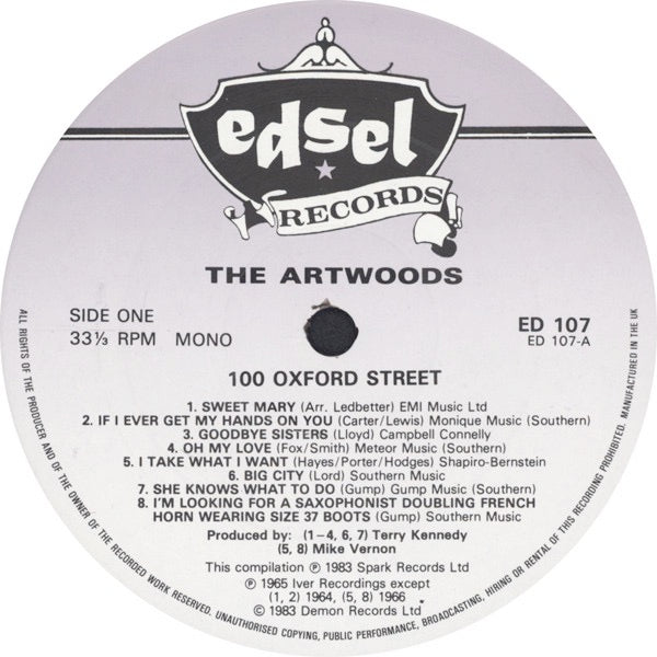 Image of Label Cover of 2314325C: LP - THE ARTWOODS, 100 Oxford Street (Edsel Records; ED 107, UK Reissue, No Booklet)   VG+/VG+