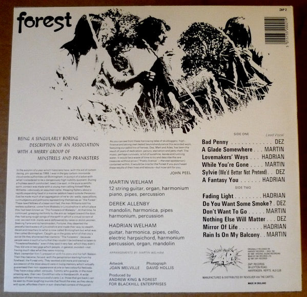 Image of Back Cover of 4025446E: LP - FOREST, Forest (Zap!; ZAP 2, UK 1987 Reissue, Limited To 1000 On Green Vinyl) Stickered Sleeve  VG+/VG+