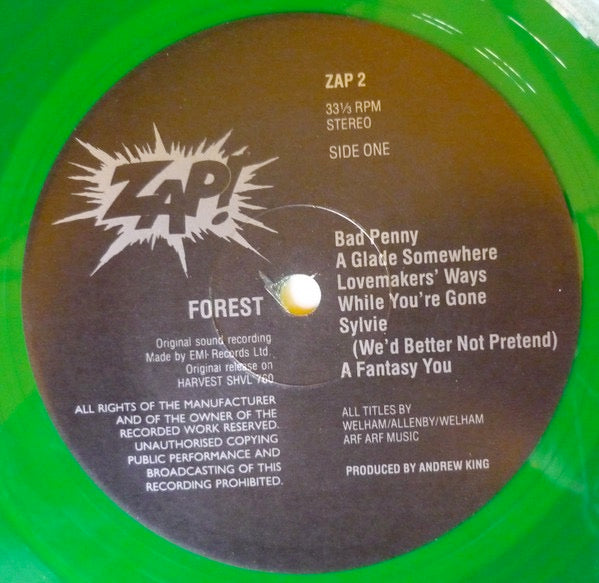 Image of Label Cover of 4025446E: LP - FOREST, Forest (Zap!; ZAP 2, UK 1987 Reissue, Limited To 1000 On Green Vinyl) Stickered Sleeve  VG+/VG+