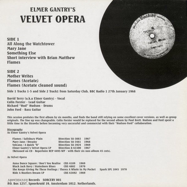Image of Back Cover of 12" - VG/VG+ - ELMER GANTRY'S VELVET OPERA, Elmer Gantry's Velvet Opera (Apothecary; SORCERY 001, Netherlands 1990s, Olive Green Vinyl), ,  - 3526166E