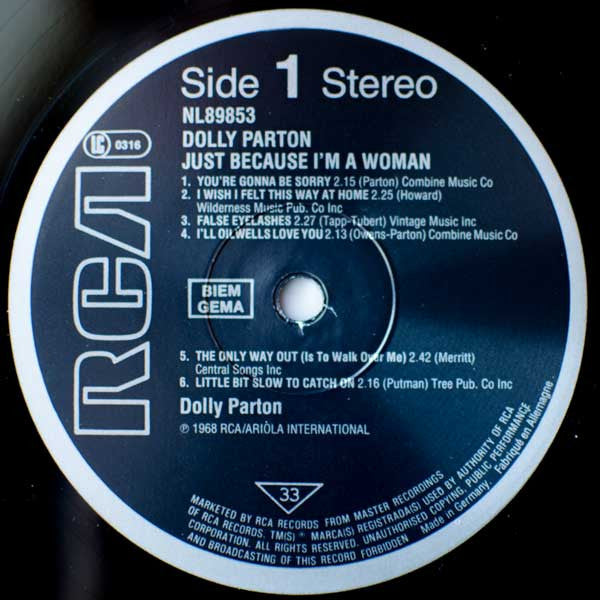 Image of Label Cover of LP - VG/VG - DOLLY PARTON, Just Because I'm A Woman (RCA; NL89853, Europe 1986 Reissue), ,  - 1926323E