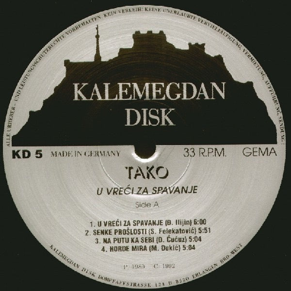 Image of Label Cover of 2314363C: LP - TAKO, U Vre i Za Spavanje (Kalemegdan Disk; KD 005, Germany 1992 Reissue, Laminated Sleeve, Inner) Writing on inner.  VG/VG+