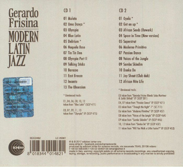 Image of Back Cover of 2334053E: 2xCD - GERARDO FRISINA, Modern Latin Jazz (Schema; SCCD482, Italy 2017, Double Digipak)   VG+/VG+