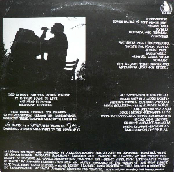 Image of Back Cover of 2314357C: LP - J. LACHEN, Music For The Dying Forest (Bauta Records; BAR 8503, Sweden 1985, Insert) Some creasing near spine and corners. Disc is very very clean!  VG/EX