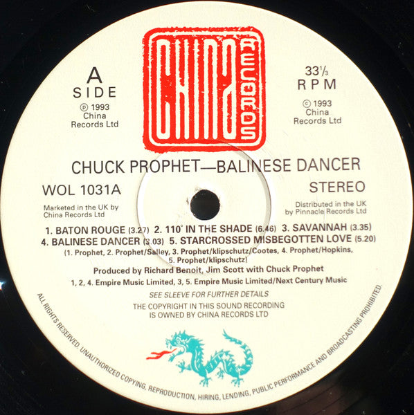 Image of Label Cover of LP - VG+/VG+ - CHUCK PROPHET, Balinese Dancer (China Records; WOL 1031, UK 1993), ,  - 3626303E