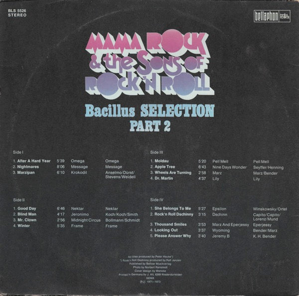 Image of Back Cover of 2314341C: 2xLP - VARIOUS, Mama Rock & The Sons Of Rock 'n' Roll - German Rock Scene - Bacillus Selection Part 2 (Bacillus Records; BLS 5526, Germany 1973, Gatefold) Sleeve closer to VG+  VG/VG+