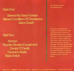 Image of Back Cover of LP - VG/VG+ - THROBBING GRISTLE, Funeral In Berlin (Zensor; Zensor 01, Germany 1981, Limited Edition of 10,000), Strong VG+, Edge Wear,  - 2826064E