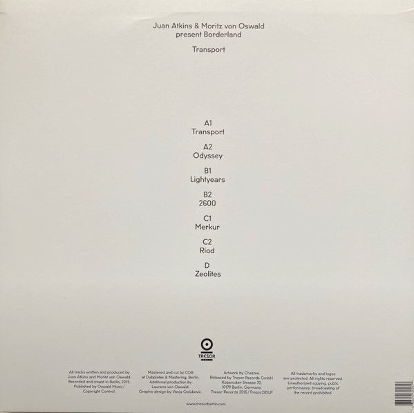 Image of Back Cover of 3834157E: 2xLP - JUAN ATKINS & MORITZ VON OSWALD PRESENT BORDERLAND, Transport (Tresor; Tresor.285LP, Germany 2016, Download Code)   NEW/NEW