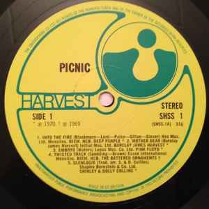 Image of Label Cover of 2xLP - VG+/VG+ - VARIOUS, Picnic - A Breath Of Fresh Air (Harvest Green, Gramophone Co On Rim, No EMI Box, ; SHSS 1/2, UK 1970, Laminated Gatefold Sleeve, Pink Floyd, Pretty Things, Quatermass etc), ,  - 3326081E