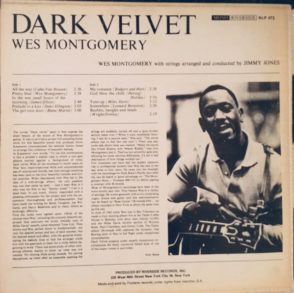 Image of Back Cover of 2344193S: LP - WES MONTGOMERY, Dark Velvet (Riverside Records; RLP 472, UK 1964, Pasteback Sleeve) Light marks only.   VG+/VG