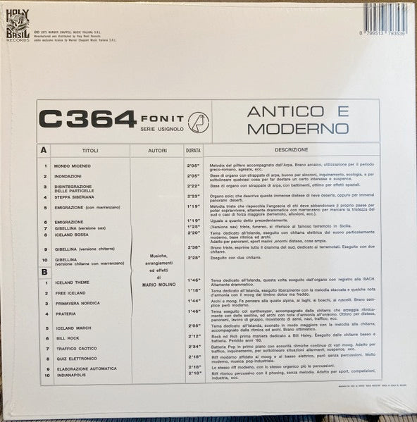 Image of Back Cover of 2314512C: LP - MARIO MOLINO, Antico E Moderno (Holy Basil Records; HBR-022, Italy 2023 Reissue)   NEW/NEW