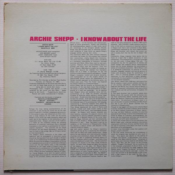 Image of Back Cover of 2344164S: LP - ARCHIE SHEPP, I Know About The Life (Sackville Recordings; 3026, Canada 1981)   VG+/VG+