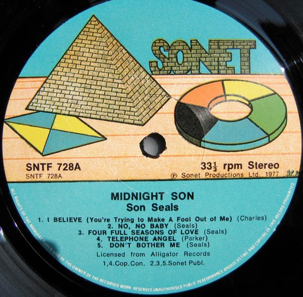 Image of Label Cover of 2314585C: LP - SON SEALS, Midnight Son (Sonet; SNTF 728, UK 1977, Company Inner) Sleeve has edge, corner and ring wear. Scuffs too. Inner written on  VG/VG