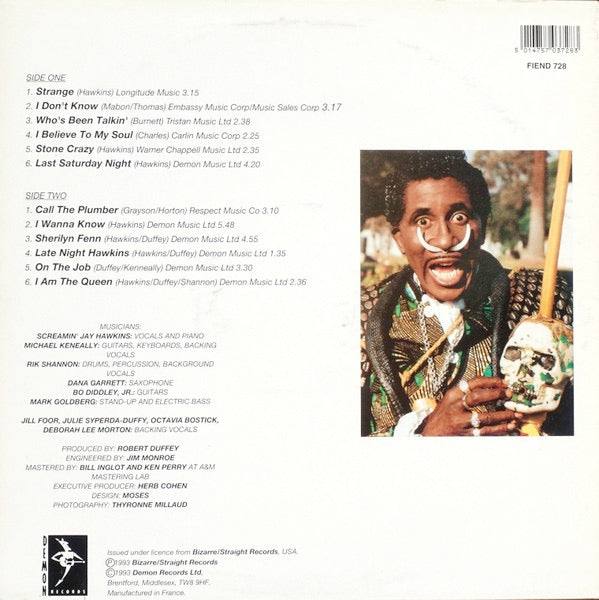 Image of Back Cover of 2314574C: LP - SCREAMIN' JAY HAWKINS, Stone Crazy (Demon Records; FIEND 728, UK 1993) A couple of light marks that don't affect play, otherwise VG+  VG+/VG