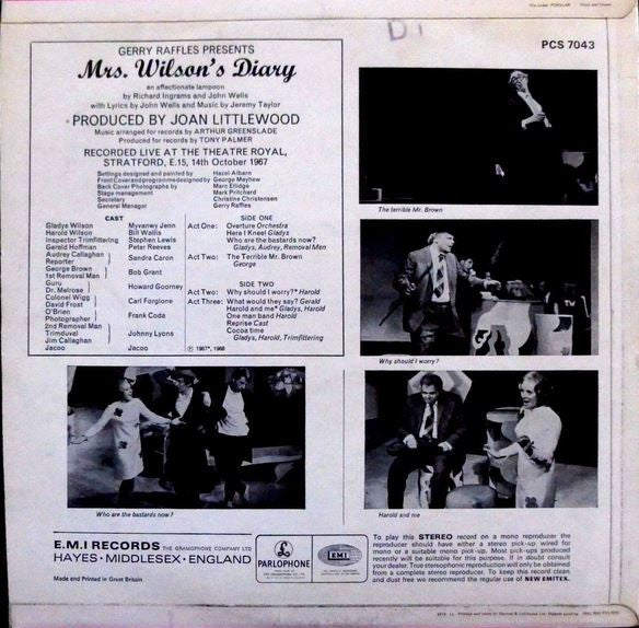 Image of Back Cover of LP - VG/VG+ - MRS WILSON'S DIARY ORIGINAL CAST, Mrs Wilson's Diary, An Affectionate Lampoon (Parlophone; PCS 7043, UK 1968, Laminated Flipback Sleeve, Company Inner, Stereo), "Factory Sample" sticker on label., A comic fantasia based on the (alleged) diary musings of Mrs. Mary Wilson, wife of Prime Minister Harold, a devious, pipe-smoking mastermind of trivial schemes! Created by satirists Richard Ingrams and John Wells. - 2616299C