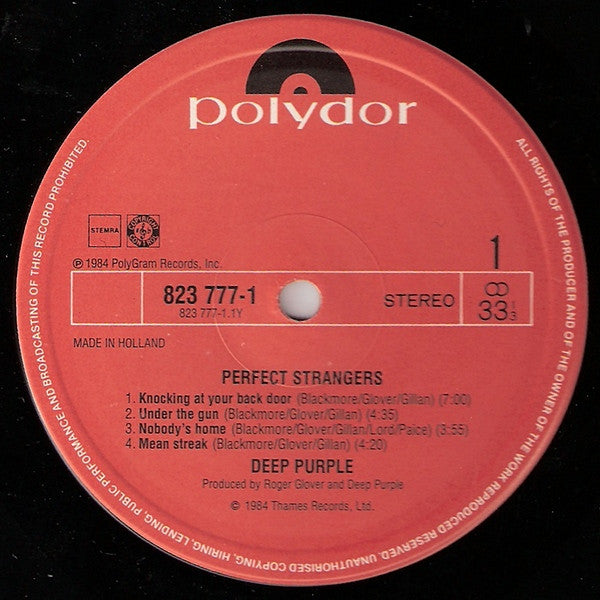 Image of Label of 2324301E: LP - DEEP PURPLE, Perfect Strangers (Polydor Red Label; 823 777-1, Netherlands 1984, Inner)   VG+/VG+