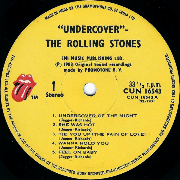 Image of Label Cover of 2324368E: LP - THE ROLLING STONES, Undercover (Rolling Stones Records; CUN 16543, India 1983)   VG+/VG