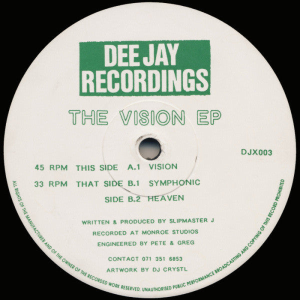 Image of Front Cover of 12" - /VG - SLIPMASTER J, The Vision EP (Dee Jay Recordings; DJX003, UK 1993), A fair few marks, but only hairlines,  - 3226157E