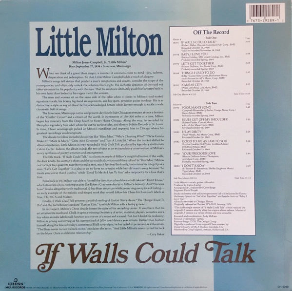 Image of Back Cover of 2314711C: LP - LITTLE MILTON, If Walls Could Talk (Chess; CH-9289, US 1988 Reissue) Sleeve has creased corner  VG/VG