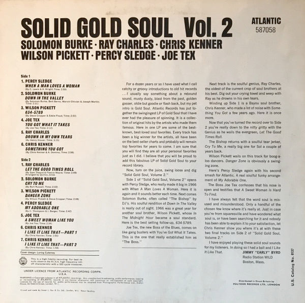 Image of Back Cover of 2314756C: LP - VARIOUS, Solid Gold Soul Volume 2 (Atlantic; 588058, UK 1967, Laminated Front Sleeve, Mono) Sleeve discoloured with edge and spine wear / splits. Stamp and writing on reverse  VG/VG