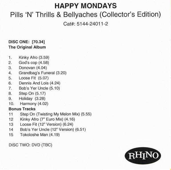 Image of Back Cover of 2334171E: CD - HAPPY MONDAYS, Pills 'N' Thrills And Bellyaches (Rhino Records; 5144-24011-2, UK 2007, Promo, Clear Plastic Sleeve, Inner)   VG+/VG