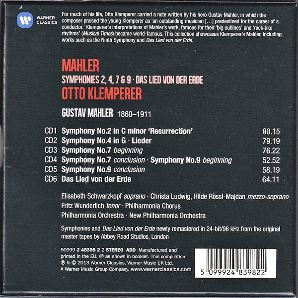 Image of Back Cover of 2334192E: 6xCD - GUSTAV MAHLER - PHILHARMONIA ORCHESTRA, NEW PHILHARMONIA ORCHESTRA, OTTO KLEMPERER, Symphonies 2, 4, 7 & 9 / Das Lied Von Der Erde (Warner Classics; 50999 2 48398 2 2, Europe 2013, Hinged box, Compilation, Reissue, Remastered, StereoBox Set) mint, still sealed  M/M