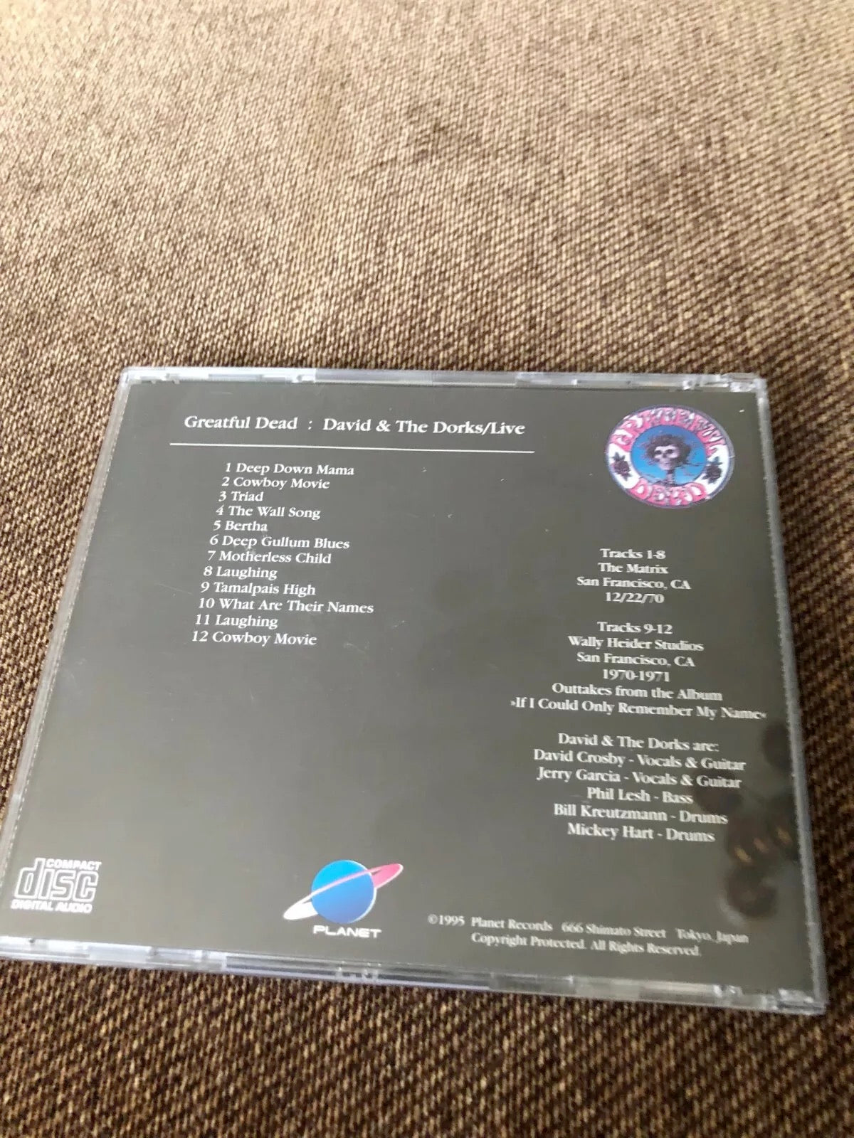 Image of Back Cover of 2334218E: CD - GRATEFUL DEAD, David & The Dorks/Live (Planet Records; 0871-24, US 1995, Jewel Case, Inner) Unofficial Release  VG+/VG+