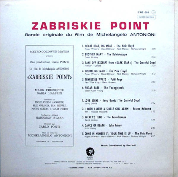 Image of Back Cover of LP - VG/VG+ - VARIOUS, Zabriskie Point (Bande Originale Du Film De Michelangelo Antonioni) (MGM Records; 2 315 002, France 1970), ,  - 4246127S