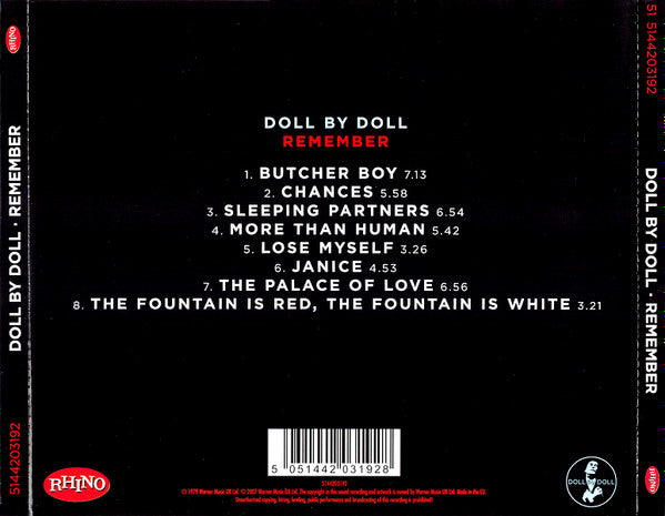 Image of Back Cover of CD - VG+/VG+ - DOLL BY DOLL, Remember (Rhino Records; 5144203192, UK 2007 Reissue, Jewel Case), ,  - 4116305C