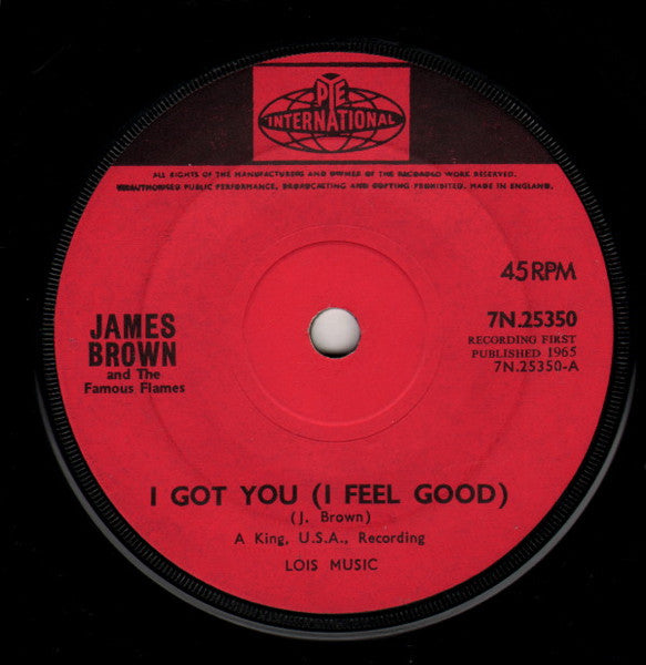 Image of Back Cover of 2414021C: 7" - JAMES BROWN, I Got You (I Feel Good) / I Just Can't Help It (Pye Pink; 7N.25350, UK 1965, Company sleeve) Light marks only.  VG+/VG