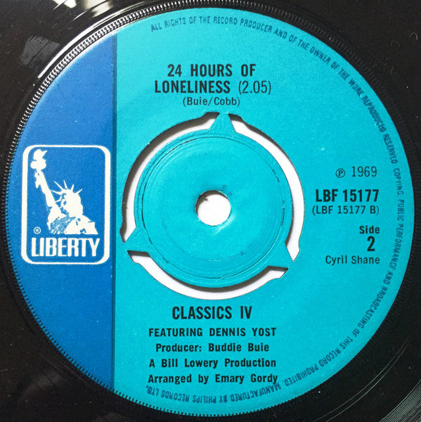 Image of Back Cover of 2414023C: 7" - CLASSICS IV  FEATURING DENNIS YOST, Stormy / 24 Hours Of Loneliness (Liberty; LBF 15177, UK 1969, Company Sleeve, 3 prong centre) Light marks only. Cat no written on sleeve.  /VG