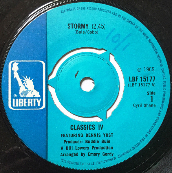 Image of Front Cover of 2414023C: 7" - CLASSICS IV  FEATURING DENNIS YOST, Stormy / 24 Hours Of Loneliness (Liberty; LBF 15177, UK 1969, Company Sleeve, 3 prong centre) Light marks only. Cat no written on sleeve.  /VG