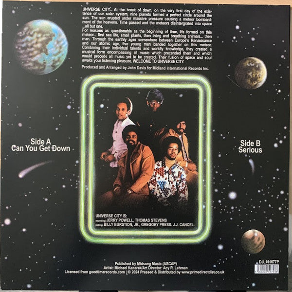 Image of Back Cover of 0426090E: 12" - UNIVERSE CITY, Can You Get Down / Serious (Midland International; DJL101677P, UK 2024 Reissue, Picture Sleeve, Record Store Day, Reissue) Some sticker residue. Light creasing.  VG+/EX