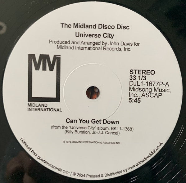 Image of Label Cover of 0426090E: 12" - UNIVERSE CITY, Can You Get Down / Serious (Midland International; DJL101677P, UK 2024 Reissue, Picture Sleeve, Record Store Day, Reissue) Some sticker residue. Light creasing.  VG+/EX