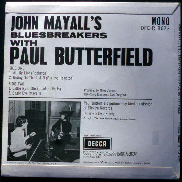 Image of Back Cover of 2414032C: 7" EP - JOHN MAYALL'S BLUESBREAKERS, All My Life (Decca Blue Boxed; DFE-R8673, UK 1967, Plain sleeve, Mono, 4 prong centre) Marks on disc. Some light clicks.  /G+