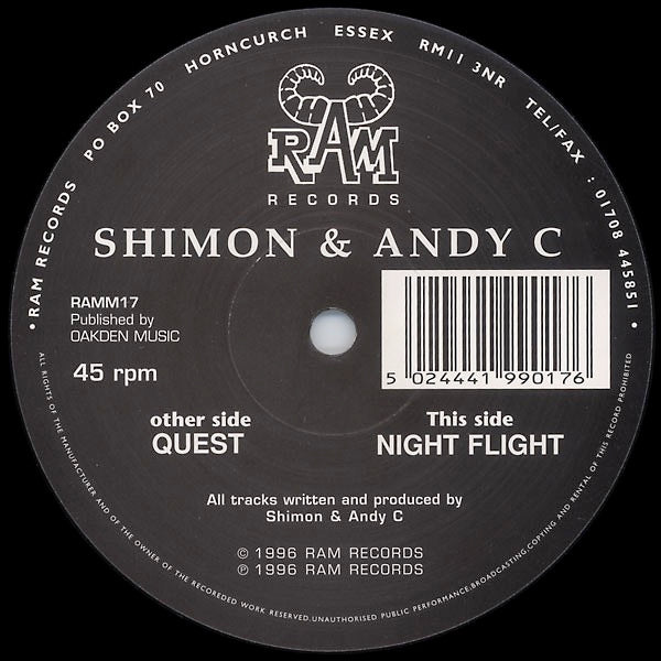 Image of Front Cover of 4745271S: 12" - SHIMON & ANDY C, Quest / Night Flight (RAM Records; RAMM17, UK 1996, Plain Sleeve)   /G+