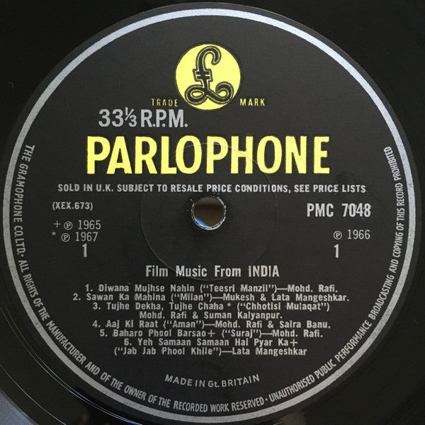 Image of Label Cover of 2424124E: LP - VARIOUS, Film Music From India (Parlophone; PMC 7048, UK 1968)   VG+/VG