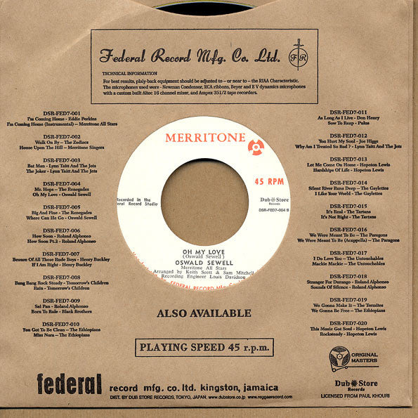 Image of Back Cover of 7" - EX/EX - THE RENEGADES / OSWALD SEWELL, Mr. Hops / Oh My Love (Merritone; DSR-FED7-004, Japan 2011 Reissue, Company Sleeve), ,  - 3626203E