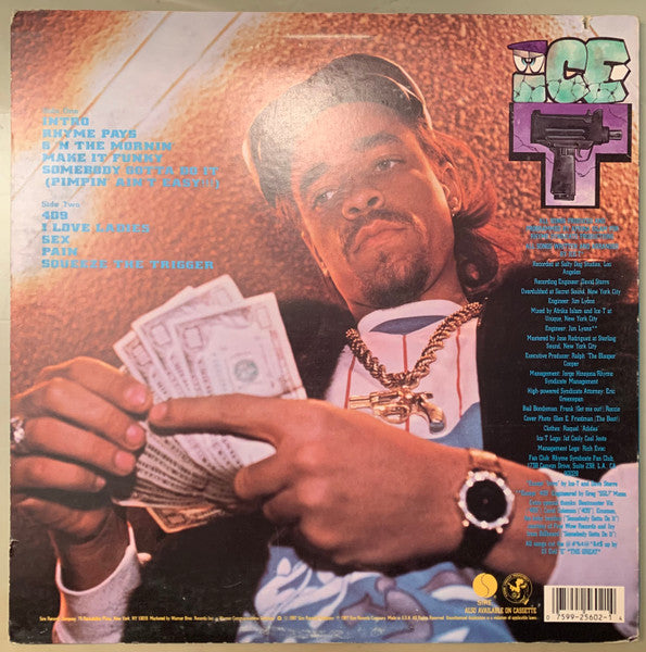 Image of Back Cover of 3324442E: LP - ICE-T, Rhyme Pays (Sire; 1-25602, US 1987, Picture sleeve, Inner) Corner Bumps  VG+/VG+