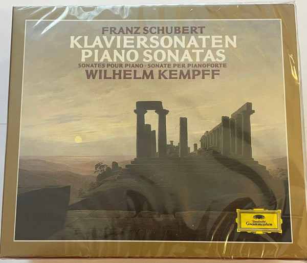 Image of Front Cover of 2434064E: 7xCD - FRANZ SCHUBERT, WILHELM KEMPFF, Klaviersonaten = Piano Sonatas = Sonates Pour Piano = Sonate Per Pianoforte (Deutsche Grammophon; 423 496-2, Europe 1988, Card Slipcase with Jewel Case inside) slipcase is worn, has marks, scratches and wear to edges from storage, one of the jewel cases is cracked. CDs have some light marks but will not affect play  G+/VG+