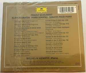 Image of Back Cover of 2434064E: 7xCD - FRANZ SCHUBERT, WILHELM KEMPFF, Klaviersonaten = Piano Sonatas = Sonates Pour Piano = Sonate Per Pianoforte (Deutsche Grammophon; 423 496-2, Europe 1988, Card Slipcase with Jewel Case inside) slipcase is worn, has marks, scratches and wear to edges from storage, one of the jewel cases is cracked. CDs have some light marks but will not affect play  G+/VG+