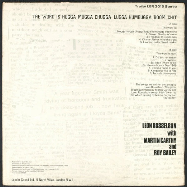 Image of Back Cover of 2414423C: LP - LEON ROSSELSON WITH MARTIN CARTHY AND ROY BAILEY, The Word Is Hugga Mugga Chugga Lugga Humbugga Boom Chit (Trailer; LER 3015, UK , Trailer Yellow Label) Edge Wear, Date Stamp on Inner  VG/VG+