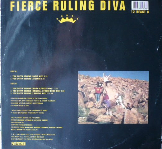 Image of Back Cover of 5144168S: 12" - FIERCE RULING DIVA, You Gotta Believe (React; 12 REACT 8, UK 1992) Corner creasing, edgewear, small writing on sleeve.  G+/VG