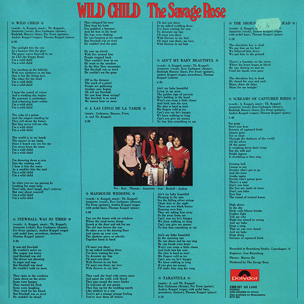 Image of Back Cover of LP - VG/VG - THE SAVAGE ROSE, Wild Child (Polydor; 2380 021, Scandinavia 1976 Reissue), Long light inaudible scratch on B side, a few hairlines. Small sticker on back of sleeve. Edge wear, creasing.,  - 3446241S