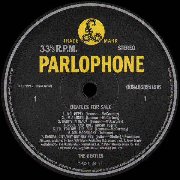 Image of Label Cover of 2444442S: LP - THE BEATLES, Beatles For Sale (Parlophone Black/Yellow; PCS3062, UK 2012 Reissue, Gatefold, 180 Gram Vinyl)   EX/EX