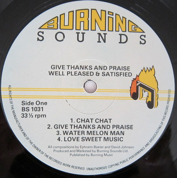 Image of Label Cover of 2424439E: LP - WELL PLEASED AND SATISFIED, Give Thanks & Praise (Burning Sounds; BS 1031, UK 1978, Picture Sleeve)   VG/VG+