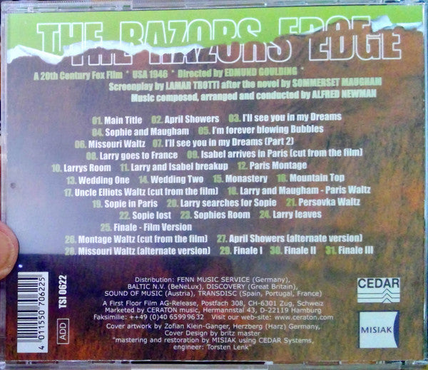 Image of Back Cover of 2434107E: CD - ALFRED NEWMAN, The Razors Edge (Tsunami; TSI0622, Germany ) disc has hairlines and light marks, does not affect play  VG+/VG